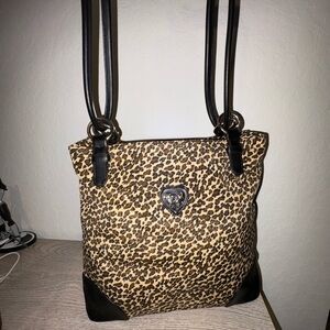 Leopard Print Tote Bag with Heart Emblem - Black & Tan